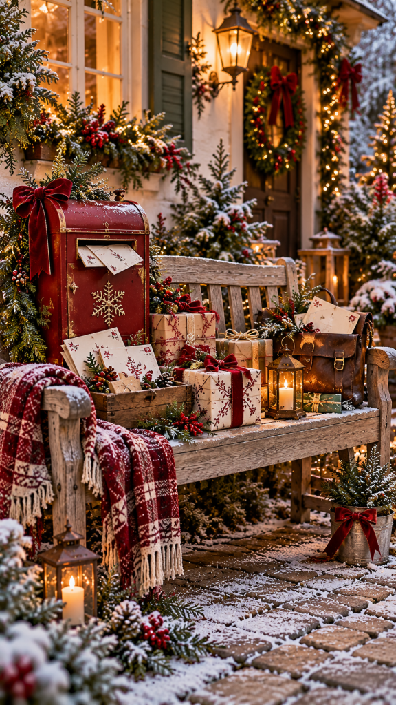 🥇 Platz 1 Gartenbank weihnachtlich dekorieren als nostalgisches Weihnachtspostamt mit Briefkasten und festlichen Paketen