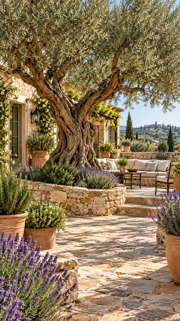 🥇 Platz 1 Mediterraner Garten mit Olivenbaum als romantischer Natursteinhof