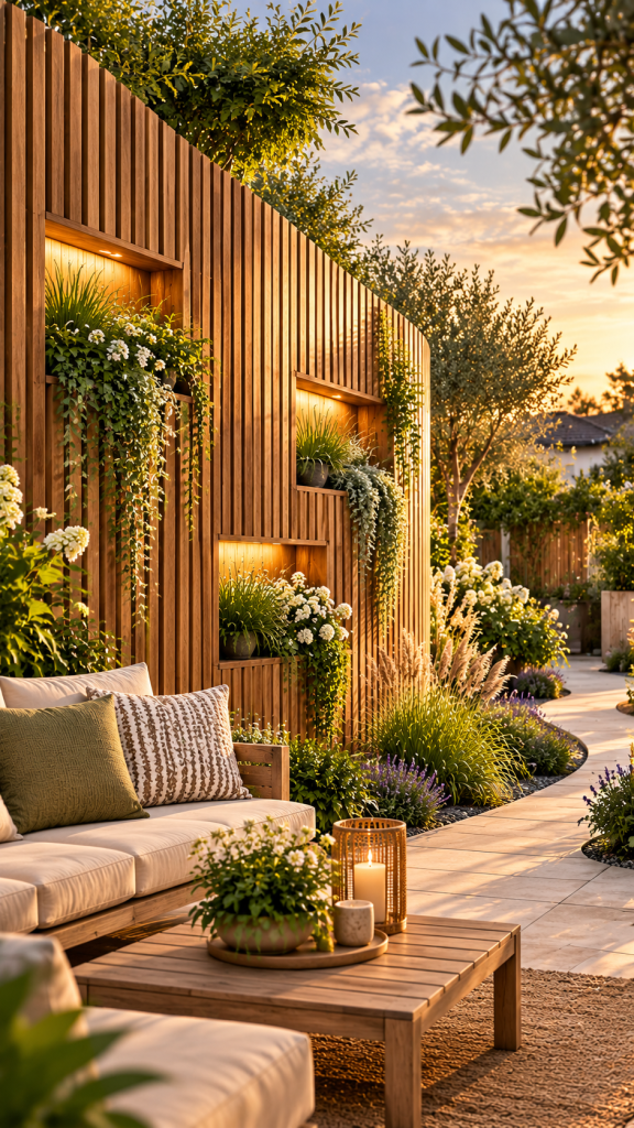 🥇 Platz 1 Origineller Sichtschutz Garten mit geschwungenen Holzlamellen und integrierten Pflanznischen