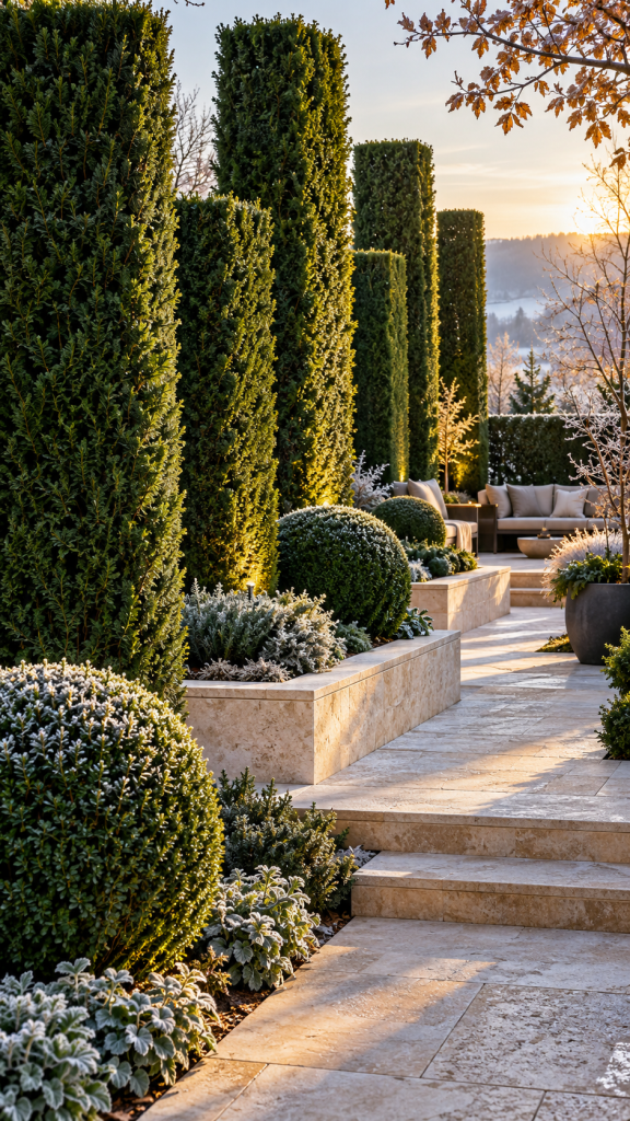 🥇 Platz 1 Sichtschutz Garten winterhart immergrün als architektonischer Eibengarten mit versetzten grünen Säulen