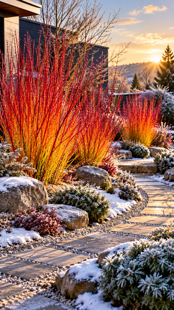 🥇 Platz 1 Winterharte Sträucher für den Garten mit leuchtender Zweigarchitektur und skulpturaler Winterlandschaft