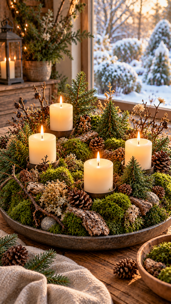 🥈 Platz 2 Adventskranz aus dem Garten selber machen als geheimnisvolle Mooslandschaft mit winterlichen Waldakzenten