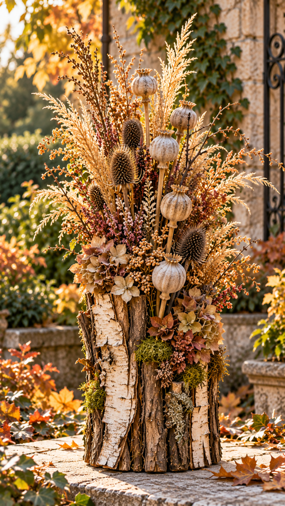 🥈 Platz 2 Allerheiligen Floristik mit Naturmaterialien aus dem Garten als botanische Erinnerungssäule mit Rinde und Samenkapseln
