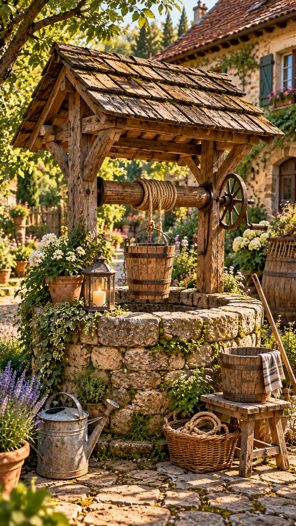 🥈 Platz 2 Alter Brunnen im Garten dekorieren mit rustikalen Holzeimern und nostalgischem Landhauscharme