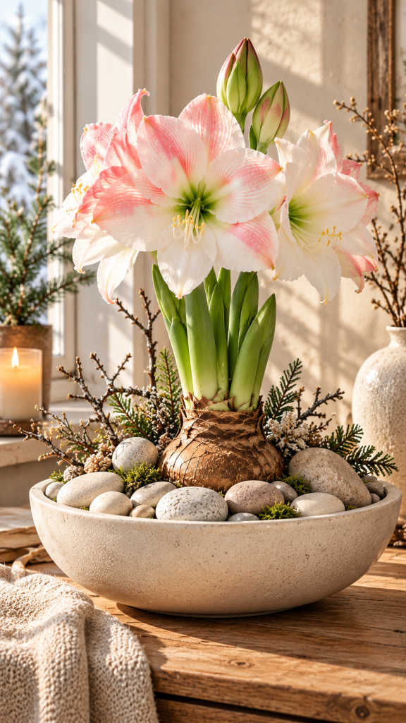 🥈 Platz 2 Amaryllis Zwiebel dekorieren mit glatten Kieselsteinen und minimalistischer Winterlandschaft