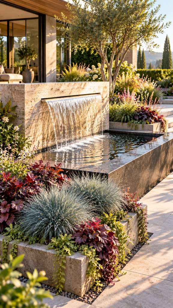 🥈 Platz 2 Brunnen im Garten bepflanzen mit eleganten Pflanzinseln und moderner Architektur