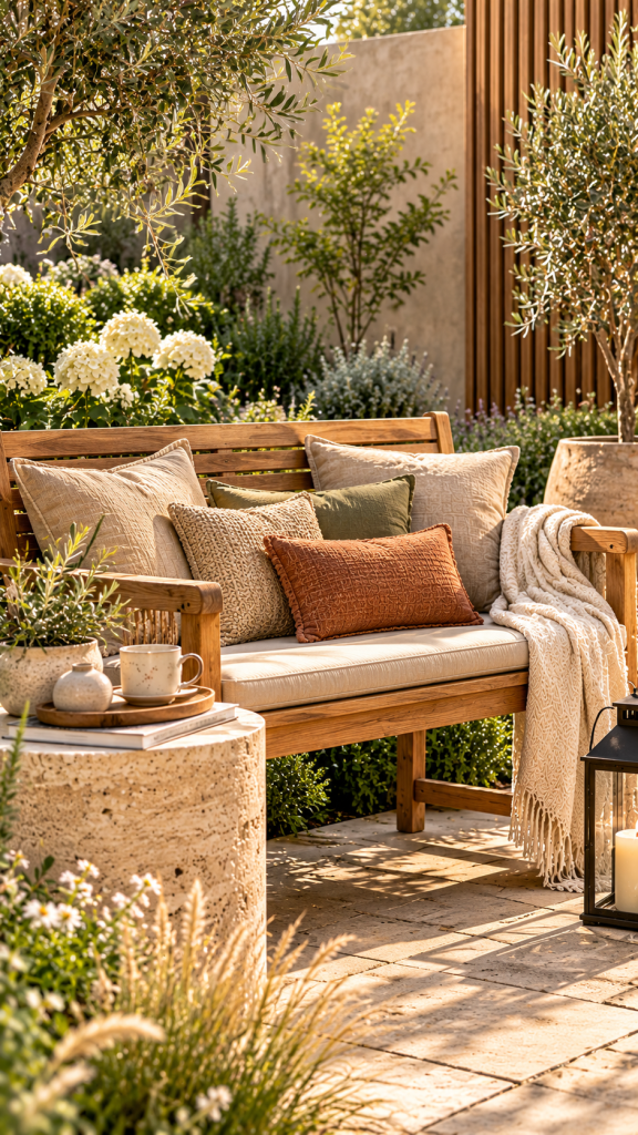 🥈 Platz 2 Gartenbank dekorieren im modernen Naturlook mit warmen Erdtönen und eleganten Materialien