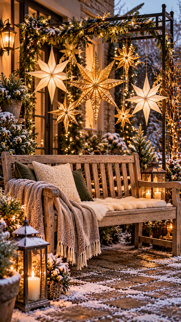 🥈 Platz 2 Gartenbank weihnachtlich dekorieren mit einem eleganten Sternenhimmel an der Rückenlehne