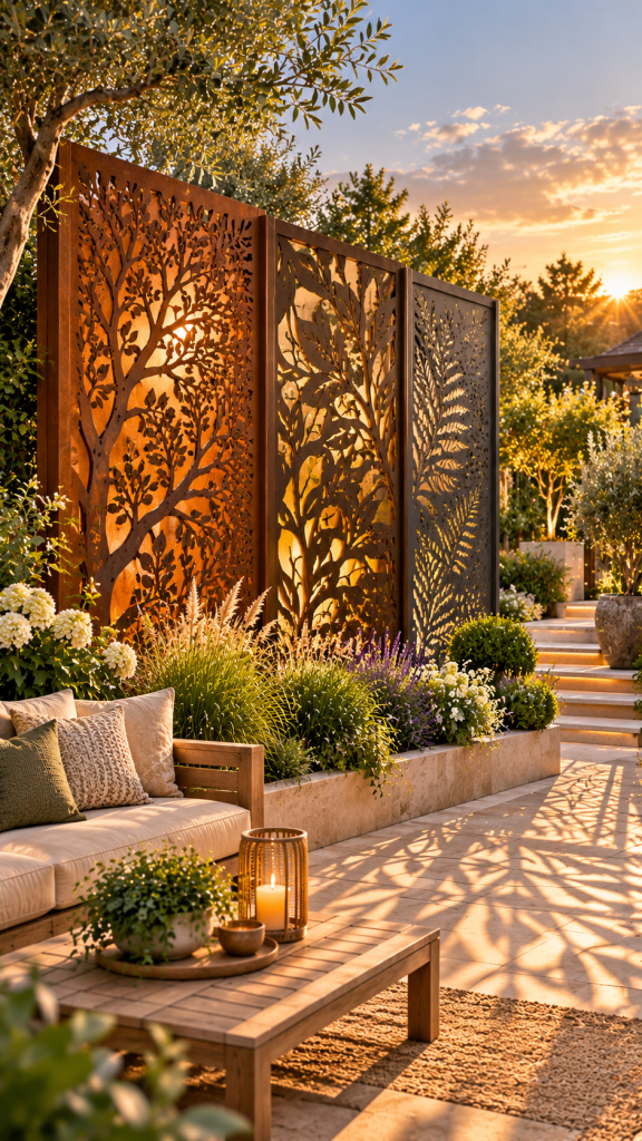 🥈 Platz 2 Origineller Sichtschutz Garten mit kunstvollen Metallpaneelen und faszinierenden Lichtmustern