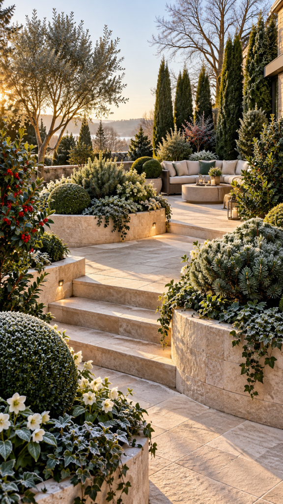🥈 Platz 2 Sichtschutz Garten winterhart immergrün als erhöhte Winterterrasse mit skulpturalen Pflanzinseln
