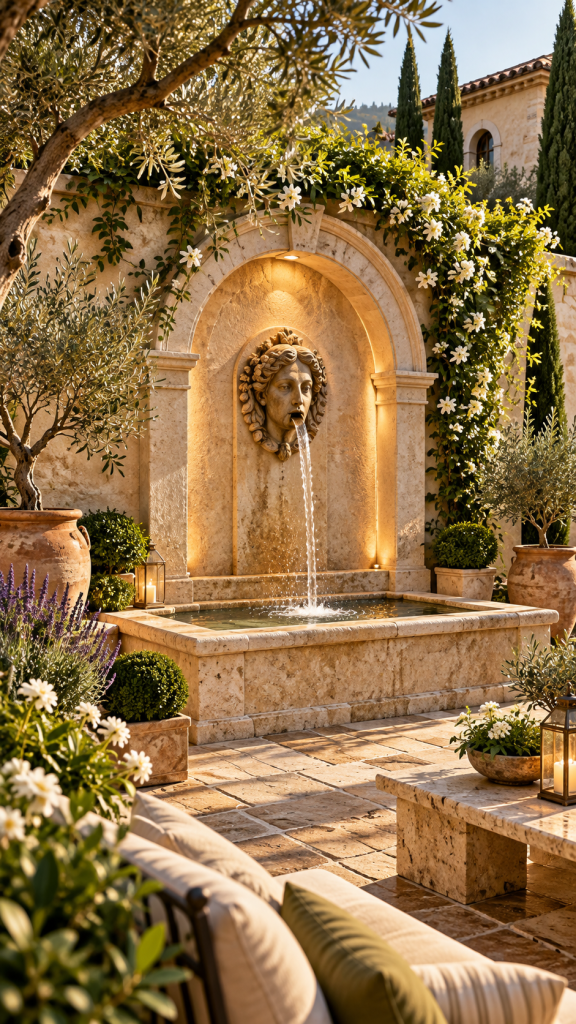 🥈 Platz 2 Wandbrunnen Garten Ideen mit mediterraner Bogennische und skulpturalem Wasserauslauf