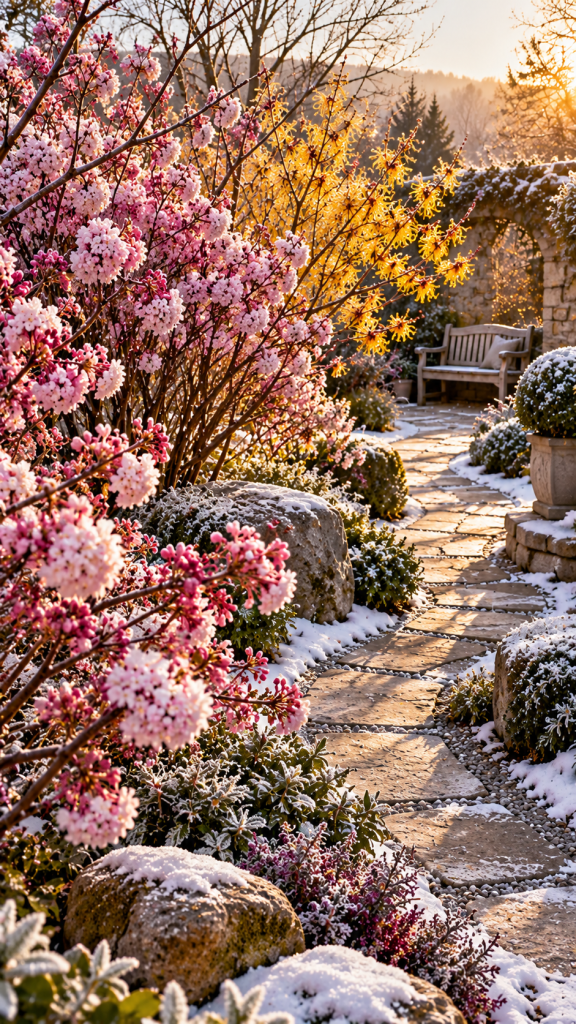 🥈 Platz 2 Winterharte Sträucher für den Garten mit duftenden Winterblüten und romantischem Gartenweg