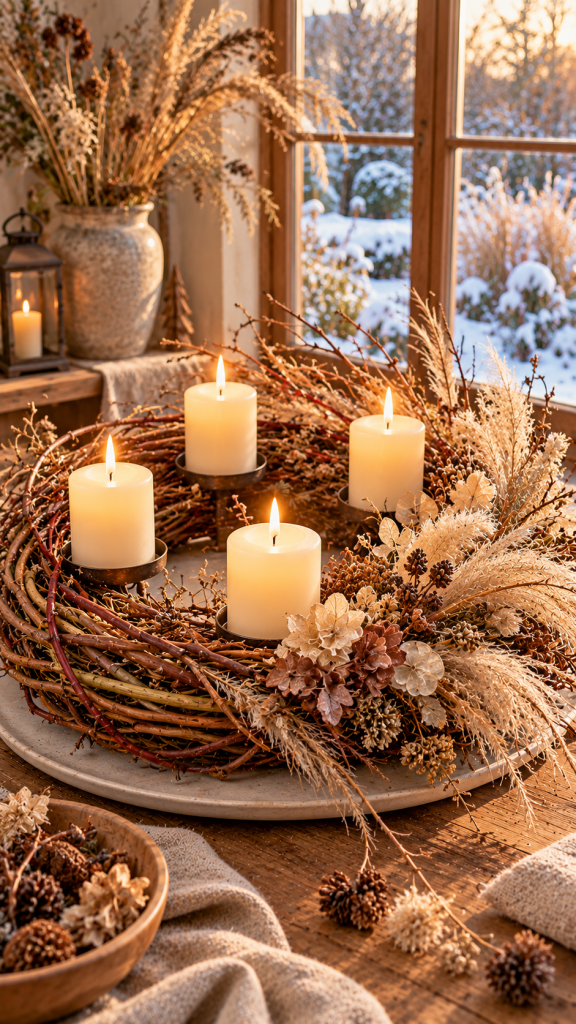 🥉 Platz 3 Adventskranz aus dem Garten selber machen mit geflochtenen Weidenzweigen und luftigen Wintergräsern