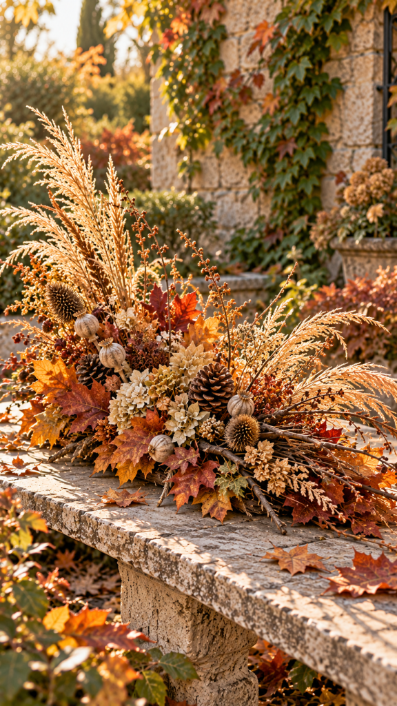 🥉 Platz 3 Allerheiligen Floristik mit Naturmaterialien aus dem Garten als poetische Blätterlandschaft mit Gräsern und natürlichen Schichten