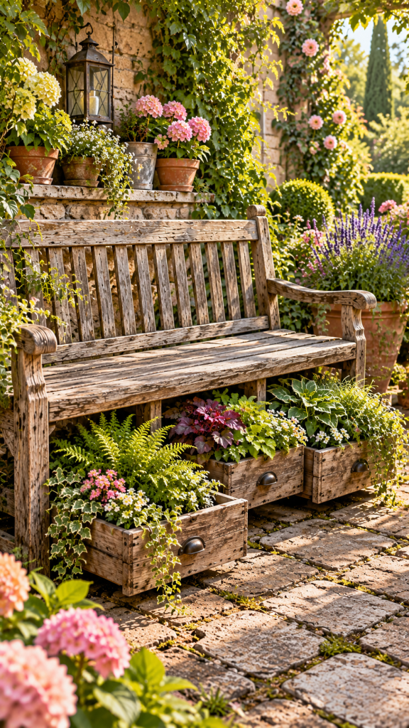🥉 Platz 3 Alte Holzbank im Garten bepflanzen mit verstecktem Unterbankgarten und gestaffelten Pflanzschubladen