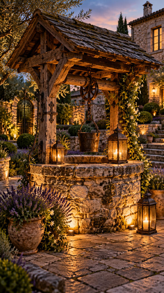 🥉 Platz 3 Alter Brunnen im Garten dekorieren mit eleganten LED Laternen und historischer Abendromantik