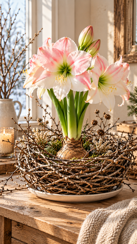 🥉 Platz 3 Amaryllis Zwiebel dekorieren mit filigranem Winterzweignest und botanischer Natürlichkeit