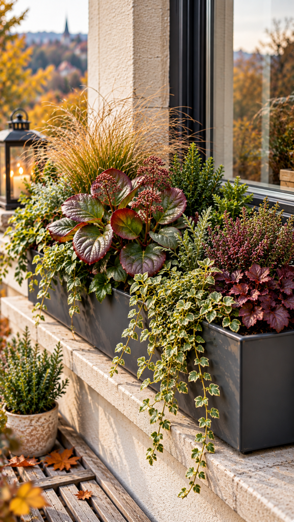🥉 Platz 3 Blumenkasten für Herbst und Winter mit dauerhaftem Grundgerüst und wechselnden Akzenten