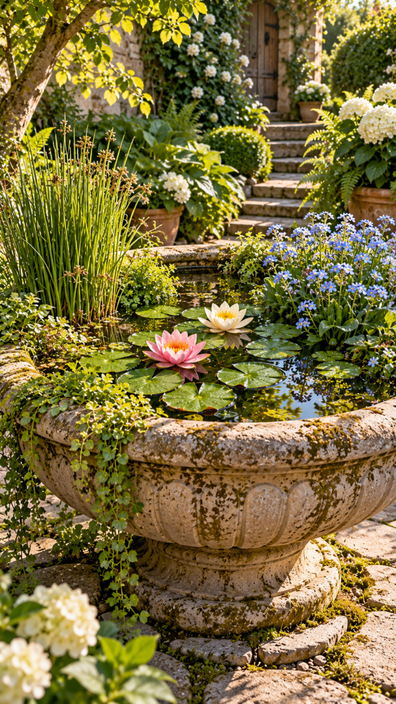 🥉 Platz 3 Brunnen im Garten bepflanzen als naturnahes Miniwasserparadies mit schwimmenden Blättern