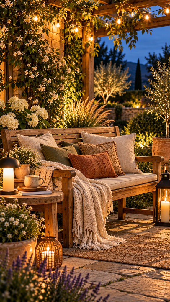 🥉 Platz 3 Gartenbank dekorieren als gemütliche Abend Lounge mit sanfter Beleuchtung und entspannter Atmosphäre