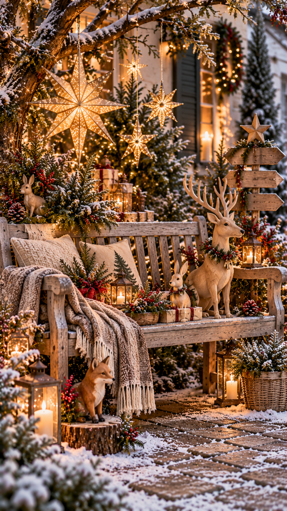 🥉 Platz 3 Gartenbank weihnachtlich dekorieren als märchenhafte Winterwaldszene mit kleinen Waldtieren