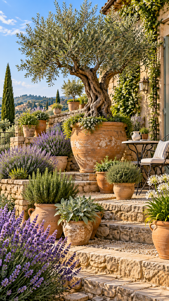 🥉 Platz 3 Mediterraner Garten mit Olivenbaum als terrassierter Kübelgarten