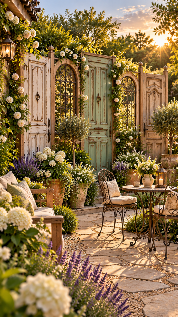 🥉 Platz 3 Origineller Sichtschutz Garten aus alten Holztüren und dekorativen Fensterrahmen