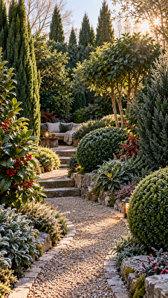 🥉 Platz 3 Sichtschutz Garten winterhart immergrün als geheimnisvoller Wintergarten mit gestaffelten Gehölzkulissen