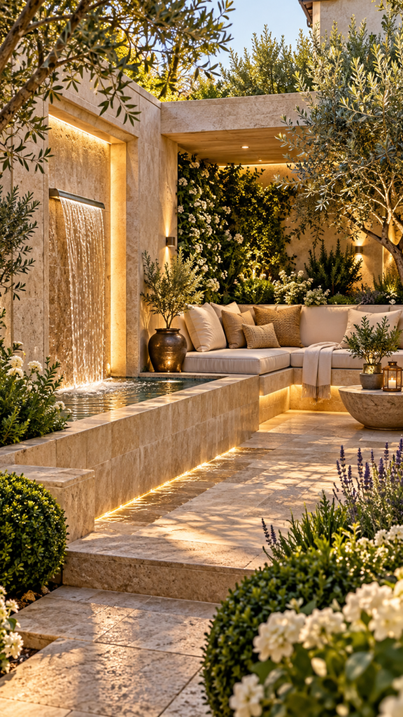 🥉 Platz 3 Wandbrunnen Garten Ideen mit integrierter Sitzbank und akustischer Rückzugsnische