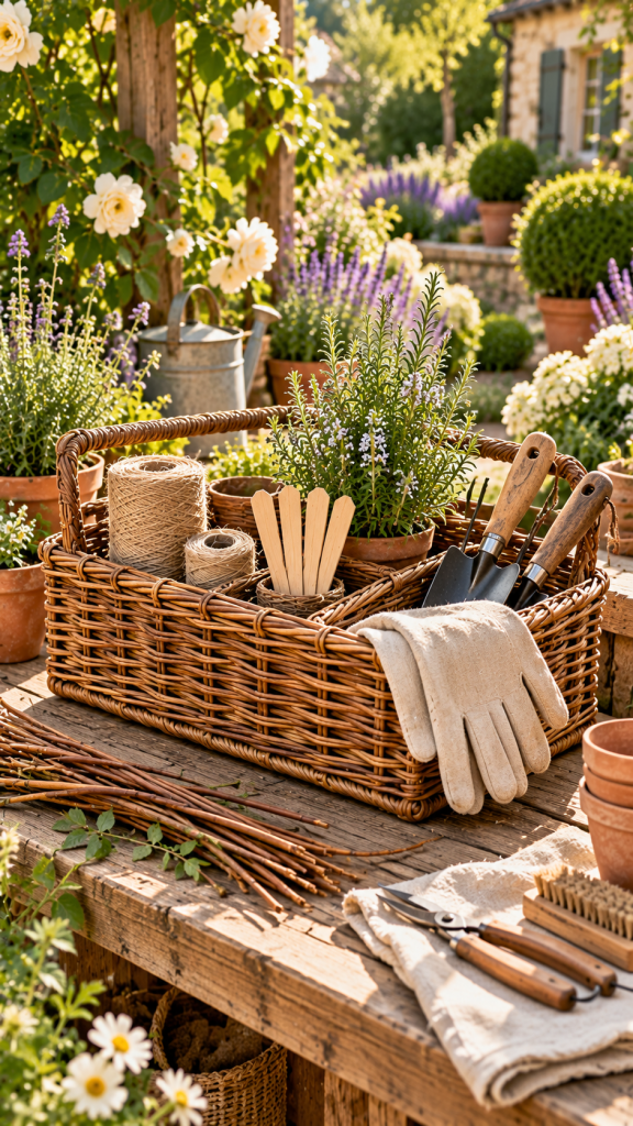 🥉 Platz 3 Weiden flechten im Garten als dekorativen Organizer für Gartengeräte und kleine Fundstücke
